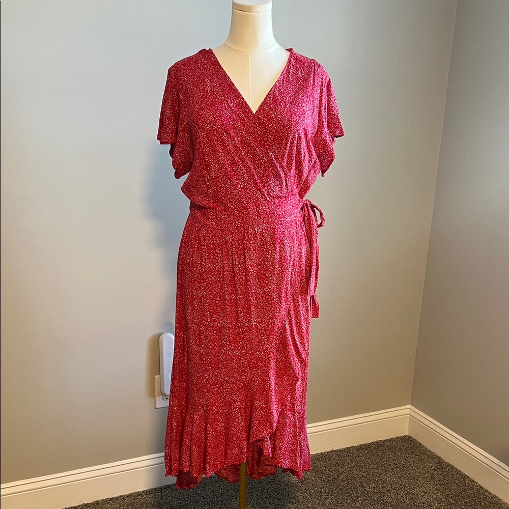 Red Floral Wrap Midi Dress